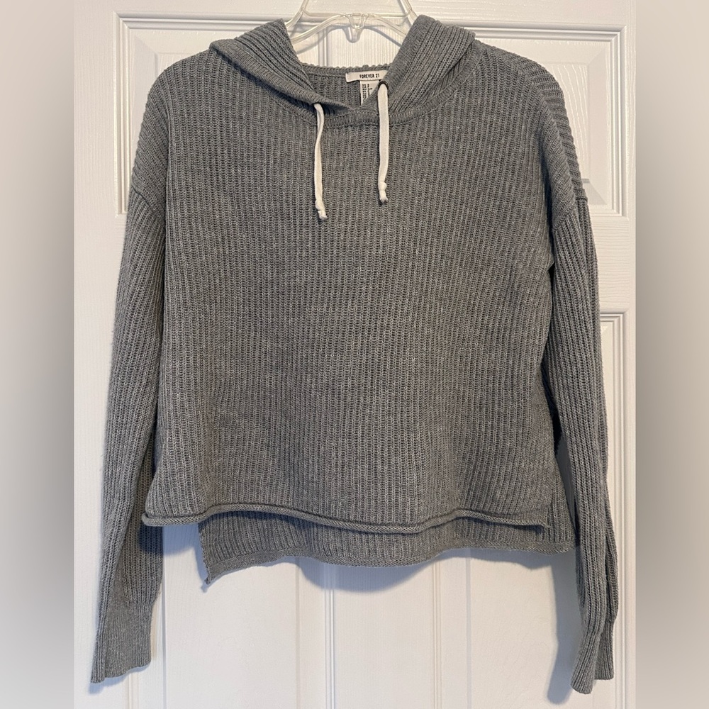 Forever 21 Light Gray Ribbed Knit Hoodie with Drawstring